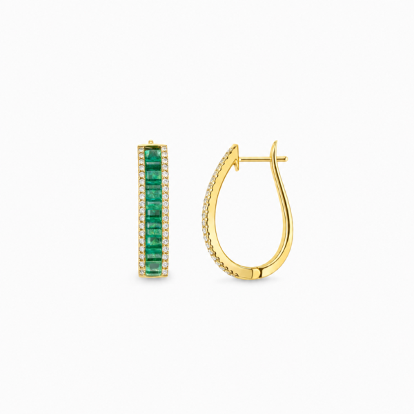 EMERALD DIA HOOP EARRING 1 18K YELLOW GOLD EMERALD AND DIAMOND HOOP EARRING