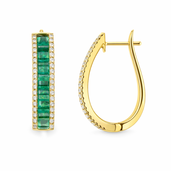 18K YELLOW GOLD EMERALD AND DIAMOND HOOP EARRING