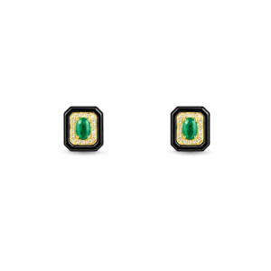 18K YELLOW GOLD EMERALD AND DIAMOND HOOP EARRING