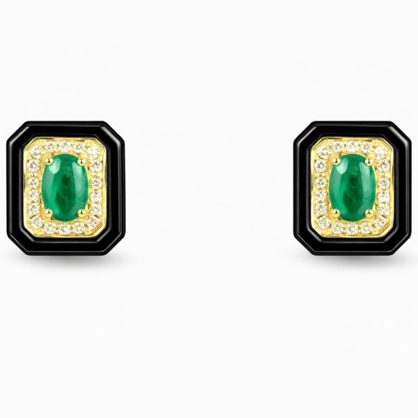 18K YELLOW GOLD EMERALD AND BALCK AGATE DIAMOND EARRING