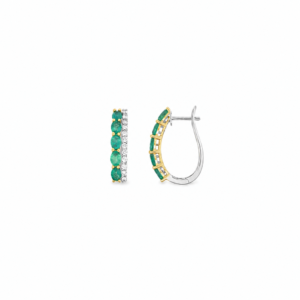 18K YELLOW GOLD EMERALD AND DIAMOND HOOP EARRING