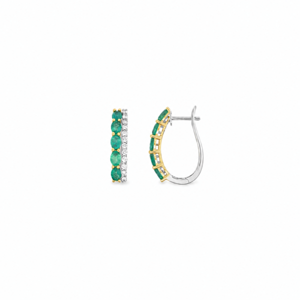 EMERALD HOOP EARRING 1 18K WHITE AND YELLOW GOLD EMERALD AND DIAMOND HOOP EARRING