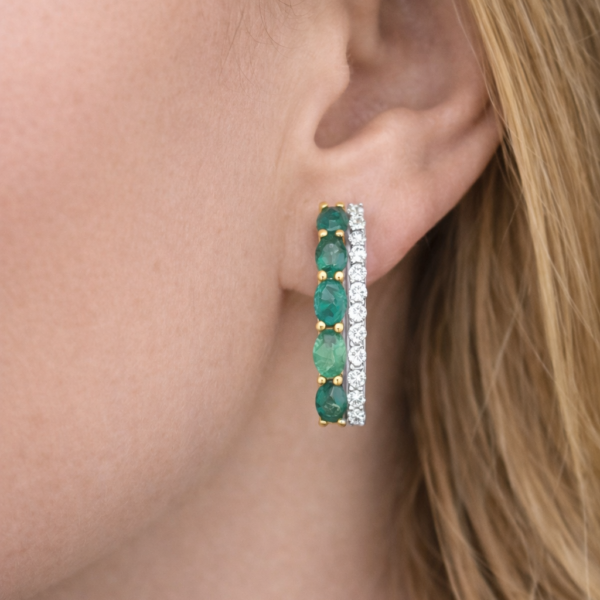 18K WHITE AND YELLOW GOLD EMERALD AND DIAMOND HOOP EARRING