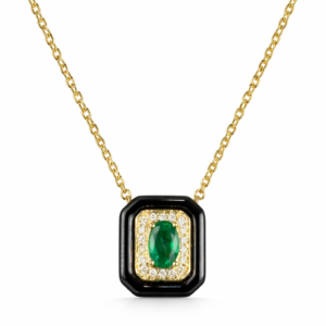 18K YELLOW GOLD EMERALD AND BALCK AGATE DIAMOND NECKLACE