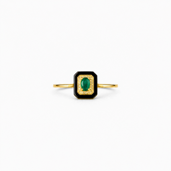 EMERALD RING 1 18K YELLOW GOLD EMERALD AND BALCK AGATE DIAMOND RING