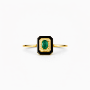 18K YELLOW GOLD EMERALD AND BALCK AGATE DIAMOND RING