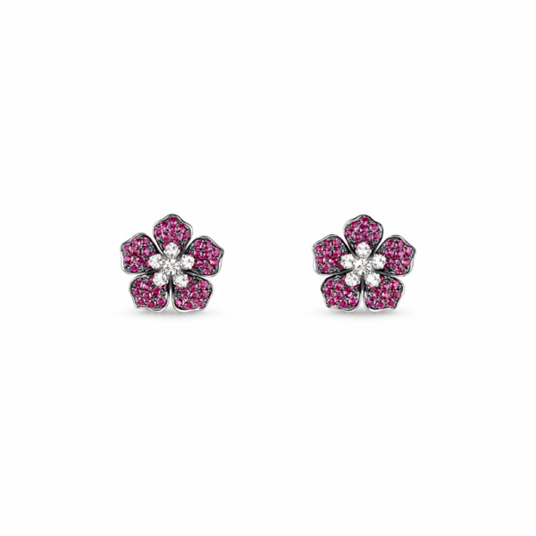 PINK FLOWER EARRING 1 18K WHITE AND ROSE GOLD RUBY AND DIAMOND EARRING