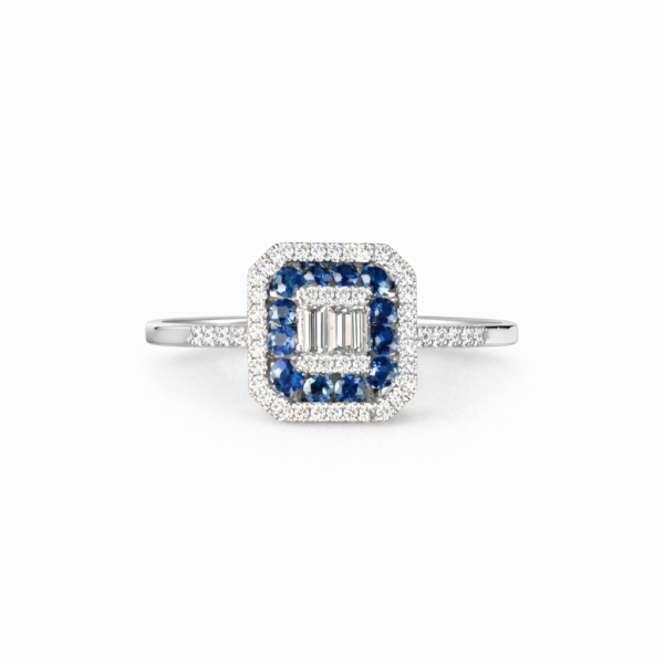 18K WHITE GOLD BLUE SPPHIRE AND DIAMOND RING