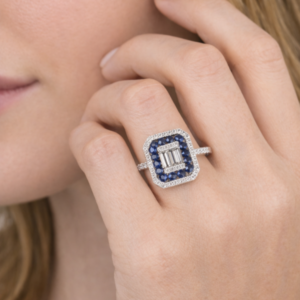 18K WHITE GOLD BLUE SPPHIRE AND DIAMOND RING