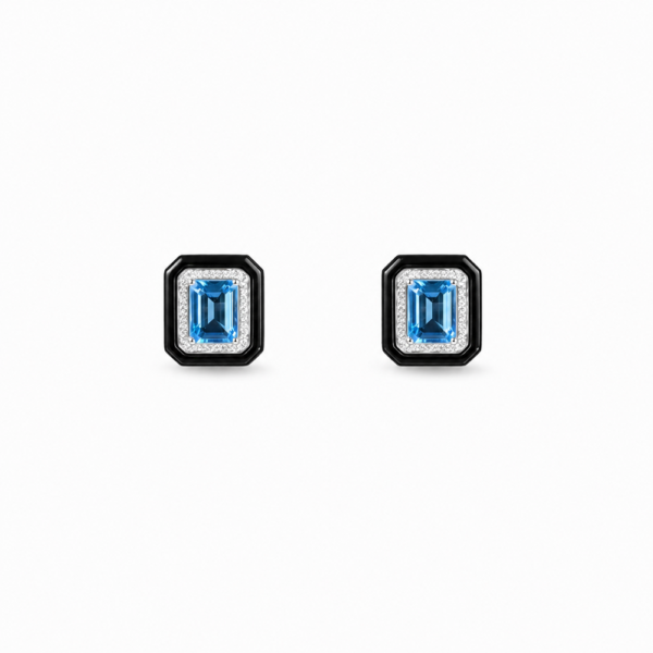 TOPAZ EARRING 1 18K WHITE GOLD BLUE TOPAZ AND BLACK AGATE DIAMOND EARRING
