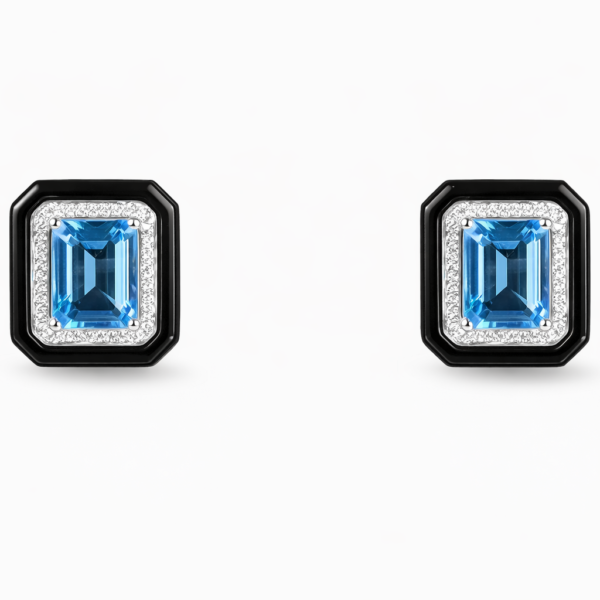 18K WHITE GOLD BLUE TOPAZ AND BLACK AGATE DIAMOND EARRING