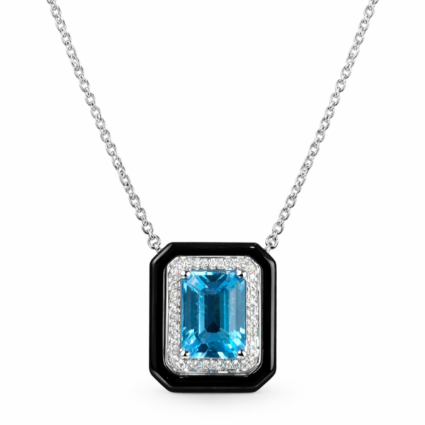 18K WHITE GOLD BLUE TOPAZ AND BLACK AGATE DIAMOND NECKLACE