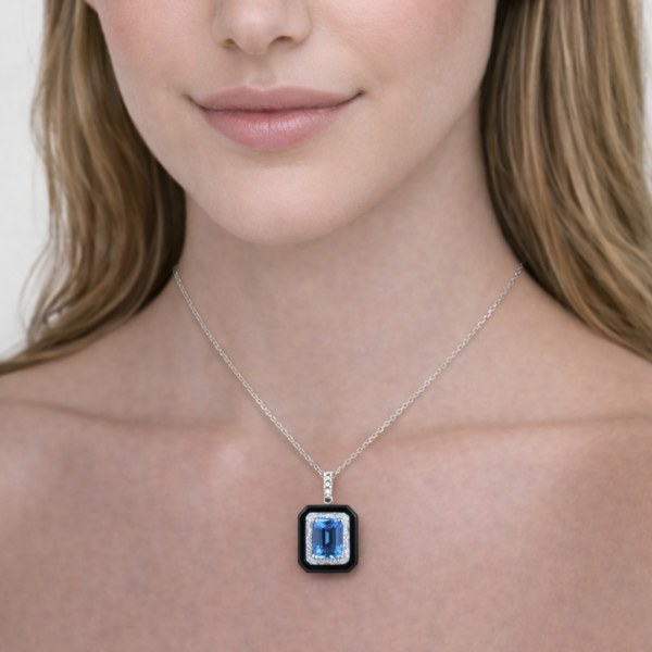 18K WHITE GOLD BLUE TOPAZ AND BLACK AGATE DIAMOND NECKLACE