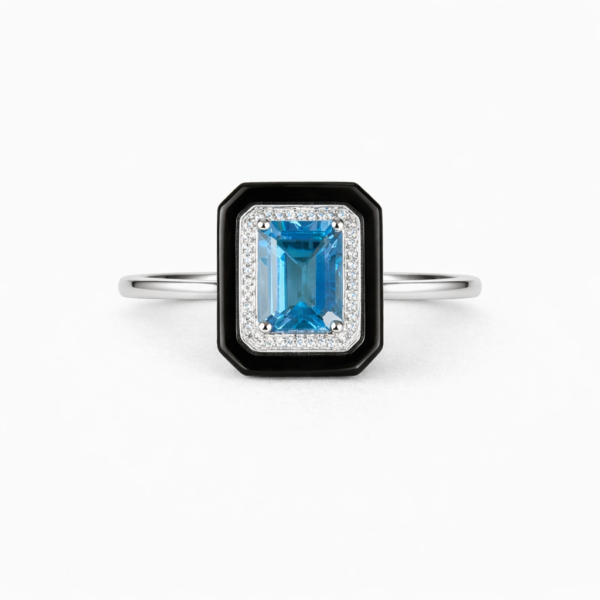 18K WHITE GOLD BLUE TOPAZ AND BLACK AGATE DIAMOND RING