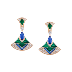 18K ROSE GOLD TANZANITES, SAPPHIRE, MALACHITE AND DIAMOND EARRING