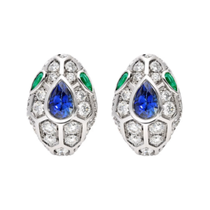 18K WHITE GOLD EMERALD, SAPPHIRE AND DIAMOND EARRING