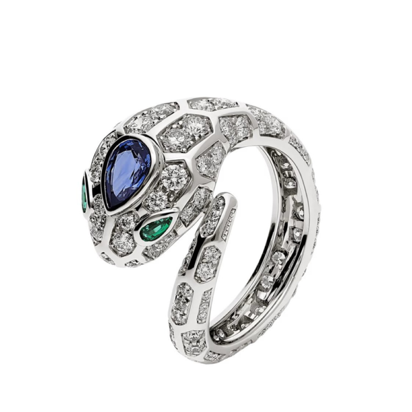 18K WHITE GOLD EMERALD, SAPPHIRE AND DIAMOND RING