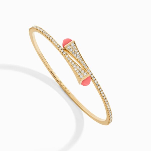 18K YELLOW GOLD PINK CORAL AND DIAMOND THIN BRACELET