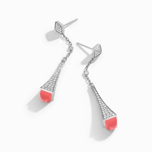 18K WHITE GOLD PINK CORAL AND DIAMOND TEARDROP EARRING