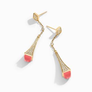 18K YELLOW GOLD PINK CORAL AND DIAMOND TEARDROP EARRING