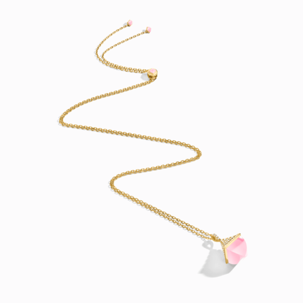 18K YELLOW GOLD PINK QUARTZITE AND DIAMOND MIDI NECKLACE