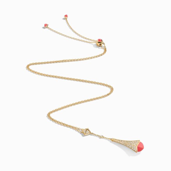 18K YELLOW GOLD PINK CORAL AND DIAMOND TEARDROP NECKLACE