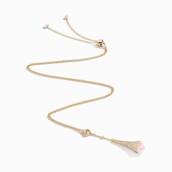 18K YELLOW GOLD PINK QUARTZITE AND DIAMOND TEARDROP NECKLACE