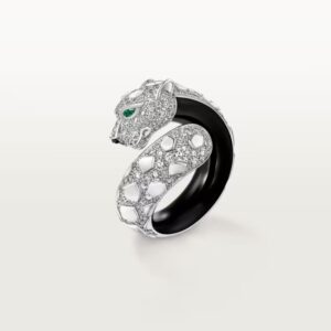 18K WHITE GOLD LACQUER, ONYX, EMERALD AND DIAMOND RING