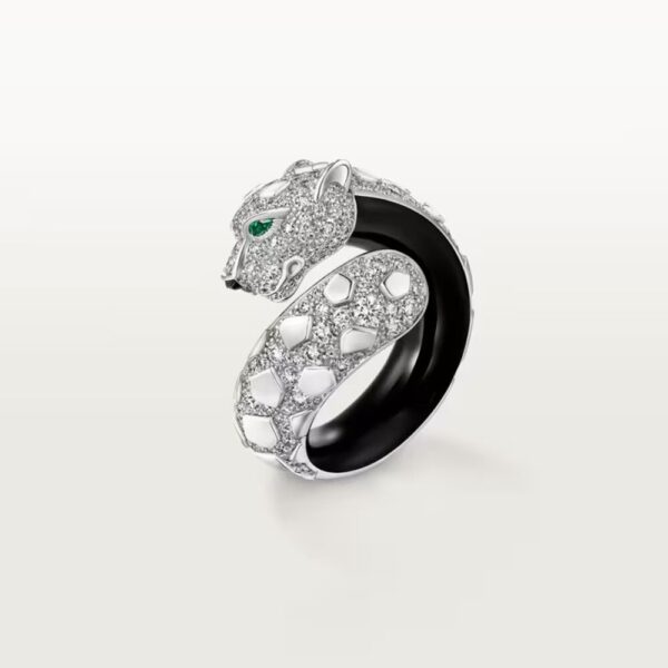 18K WHITE GOLD LACQUER, ONYX, EMERALD AND DIAMOND RING