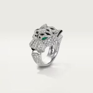 18K WHITE GOLD ONYX, EMERALD AND DIAMOND RING
