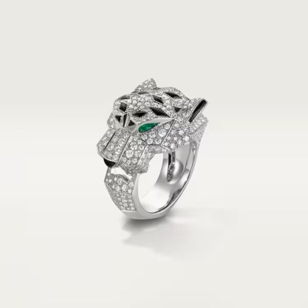 18K WHITE GOLD ONYX, EMERALD AND DIAMOND RING