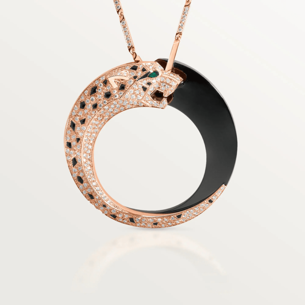 18K ROSE GOLD ONYX, CERAMIC, EMERALD AND DIAMOND NECKLACE