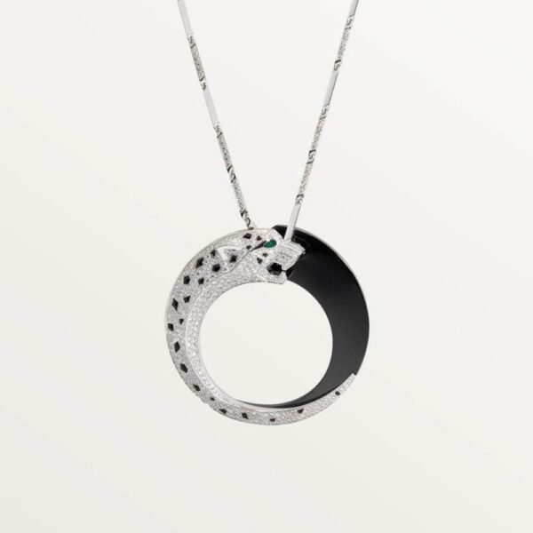 18K WHITE GOLD ONYX, CERAMIC, EMERALD AND DIAMOND NECKLACE