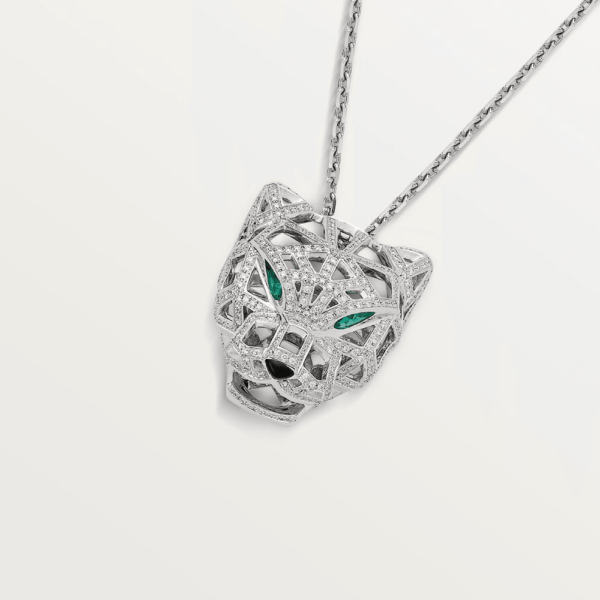 18K WHITE GOLD ONYX, EMERALD AND DIAMOND NECKLACE
