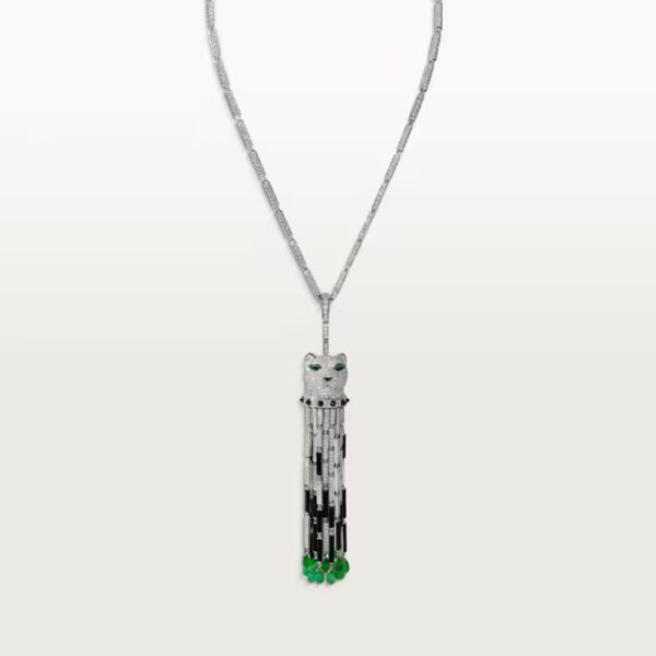 18K WHITE GOLD ONYX, EMERALD AND DIAMOND NECKLACE