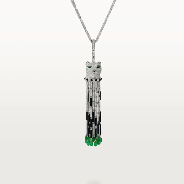 18K WHITE GOLD ONYX, EMERALD AND DIAMOND NECKLACE