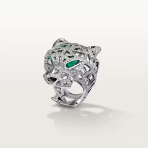 18K WHITE GOLD ONYX, EMERALD AND DIAMOND RING