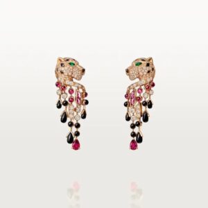 18K ROSE GOLD ONYX, EMERALD, RUBELLITE AND DIAMOND EARRING