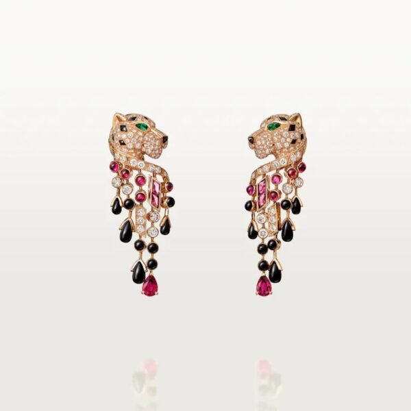 18K ROSE GOLD ONYX, EMERALD, RUBELLITE AND DIAMOND EARRING