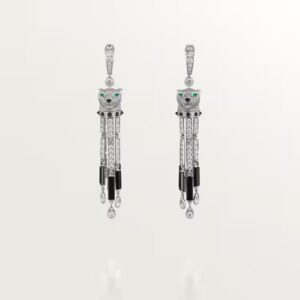 18K WHITE GOLD ONYX, EMERALD AND DIAMOND EARRING