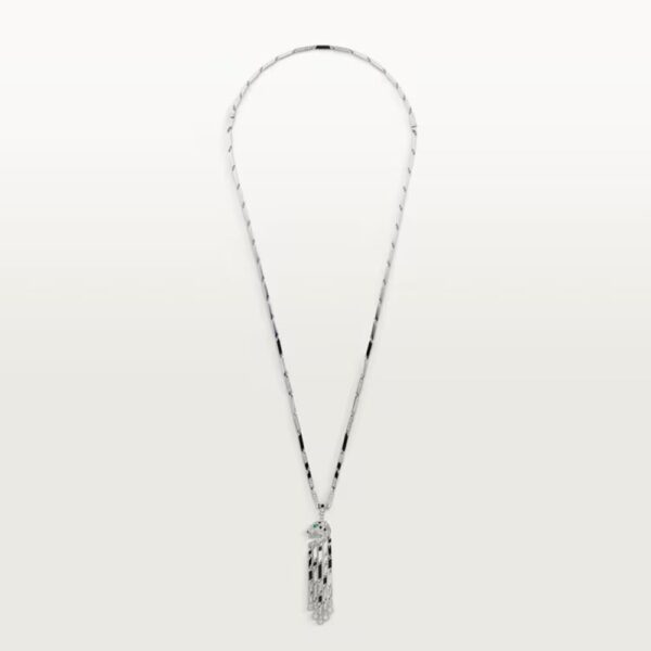 18K WHITE GOLD ONYX, EMERALD AND DIAMOND NECKLACE