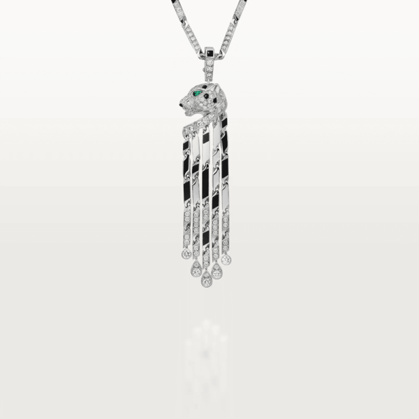 18K WHITE GOLD ONYX, EMERALD AND DIAMOND NECKLACE