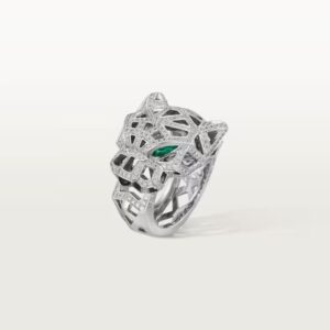 18K WHITE GOLD ONYX, EMERALD AND DIAMOND RING