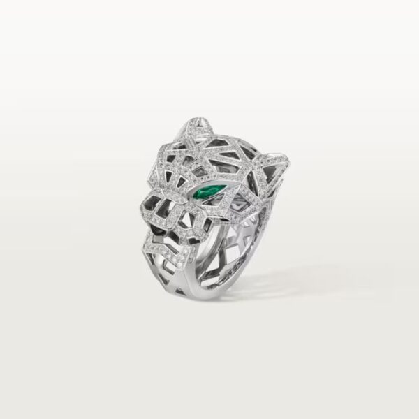 18K WHITE GOLD ONYX, EMERALD AND DIAMOND RING