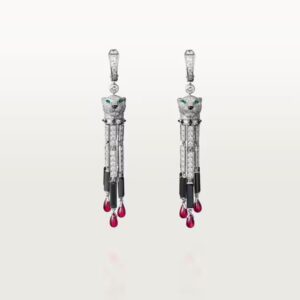 18K WHITE GOLD ONYX, RUBY, EMERALD AND DIAMOND EARRING