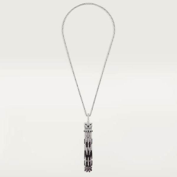 18K WHITE GOLD ONYX, EMERALD AND DIAMOND NECKLACE