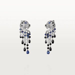 18K WHITE GOLD ONYX, SAPPHIRE AND DIAMOND EARRING
