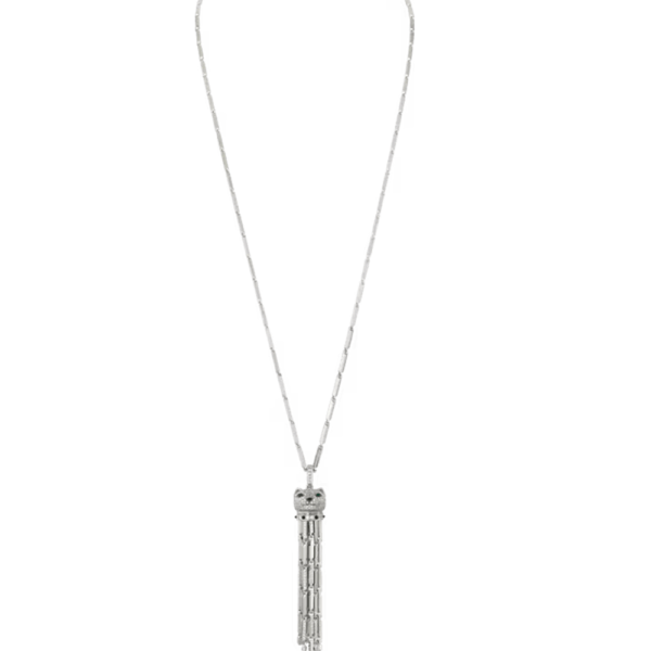 18K WHITE GOLD ONYX, EMERALD AND DIAMOND NECKLACE