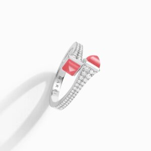 18K WHITE GOLD PINK CORAL AND DIAMOND THIN RING