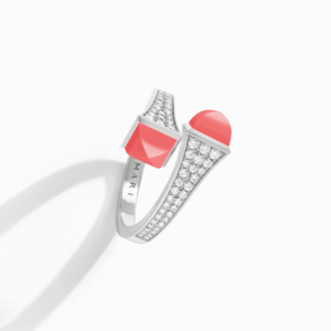 18K WHITE GOLD PINK CORAL AND DIAMOND MEDIUM RING